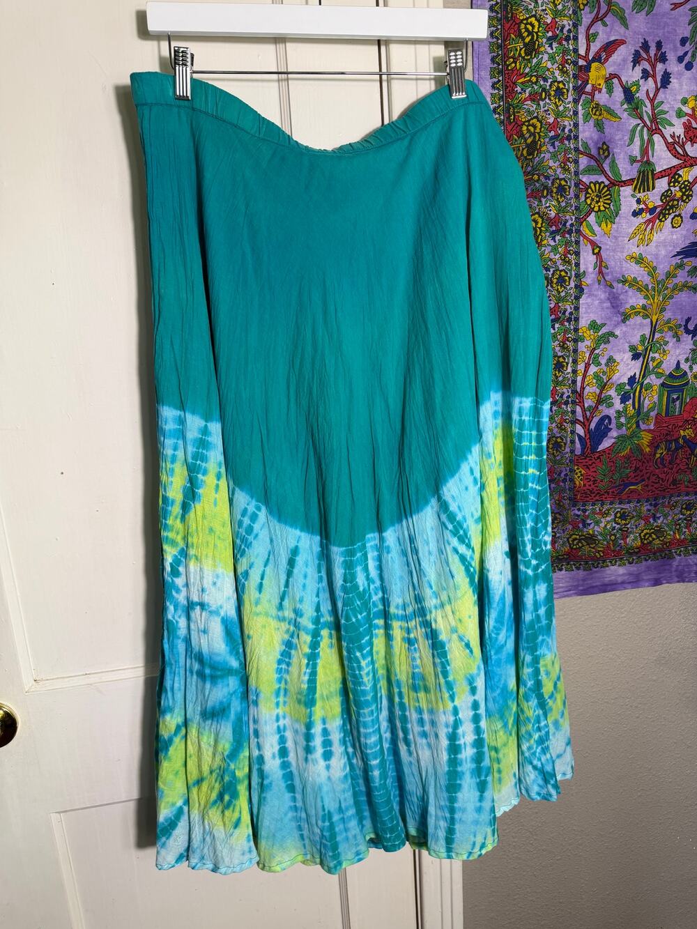 Cato Tie Dye Midi Skirt Large Teal Blue Lime Boho Flowy Festival Resort
